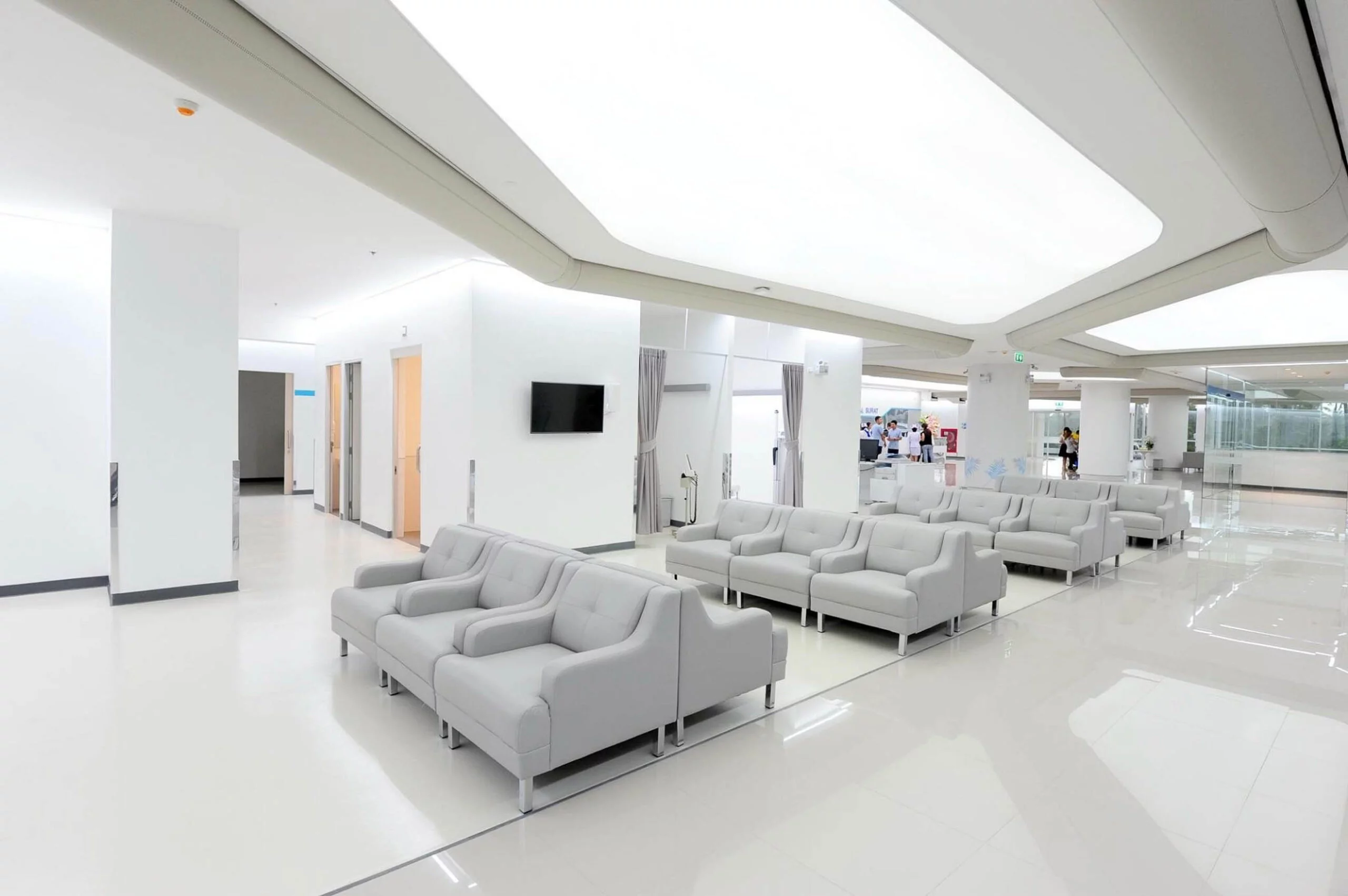 White fabric ducting system inside a hospital hall