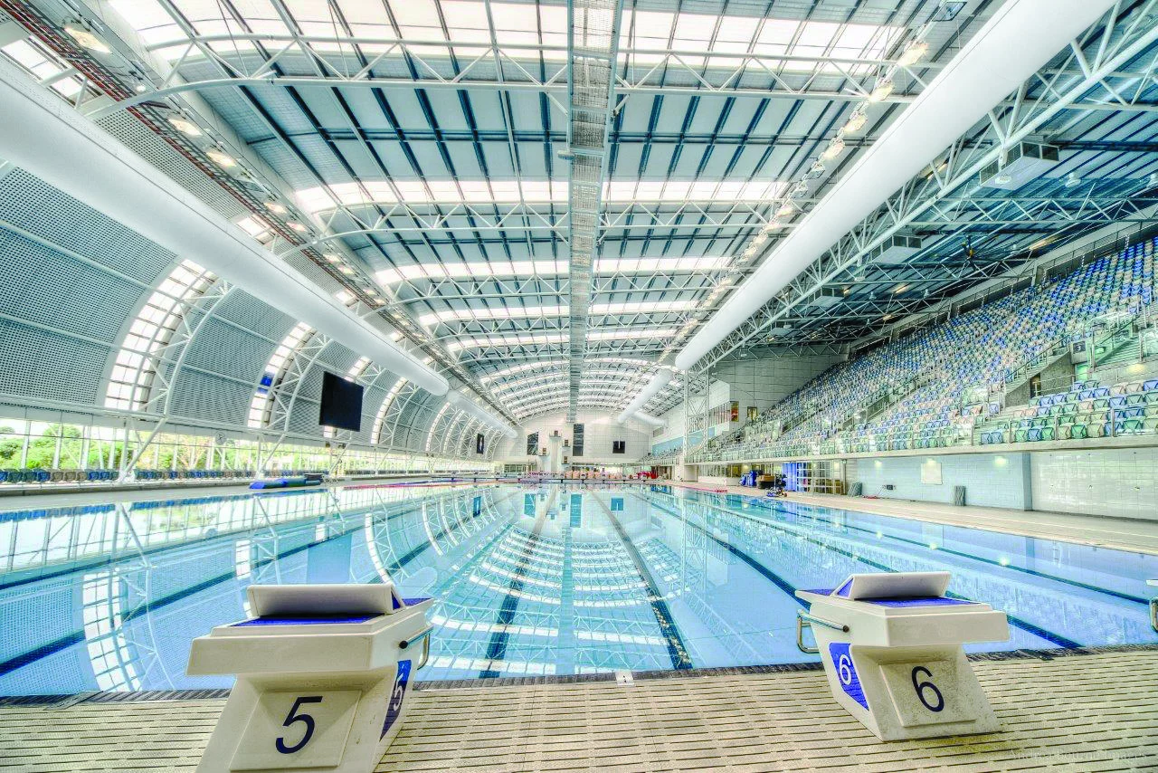 White sock ducts in Marion Aquatic Centre indoor swimming pool, SA
